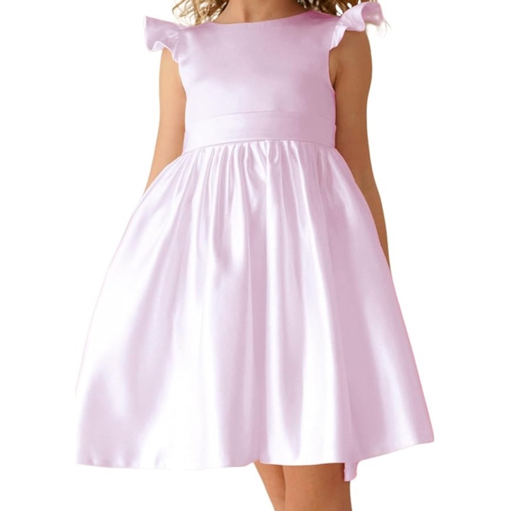 Pink Kids Dress with Ruffle Sleeves and pearl/bow details in back